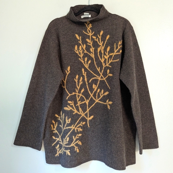 VTG 90s Lambswool Mock Neck Sweater W/Embroidered Vine Motif Brown & Gold 1X - Picture 1 of 7